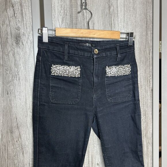 7 For All Mankind Jeans Size 26 Waist Skinny Rhinestone Pocket Rinsed Black - Picture 2 of 10